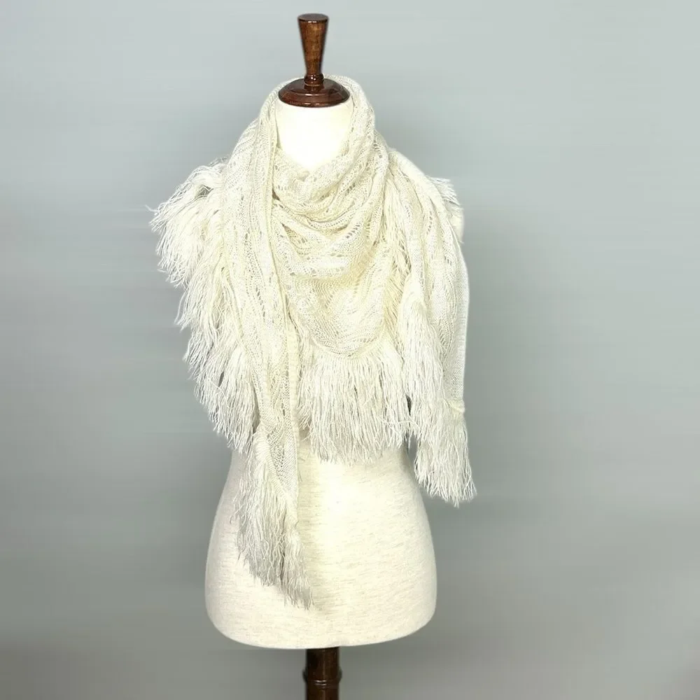 Vintage Desco Cream Scarf Shawl Triangular with Fringes Japan  Acrylic Boho